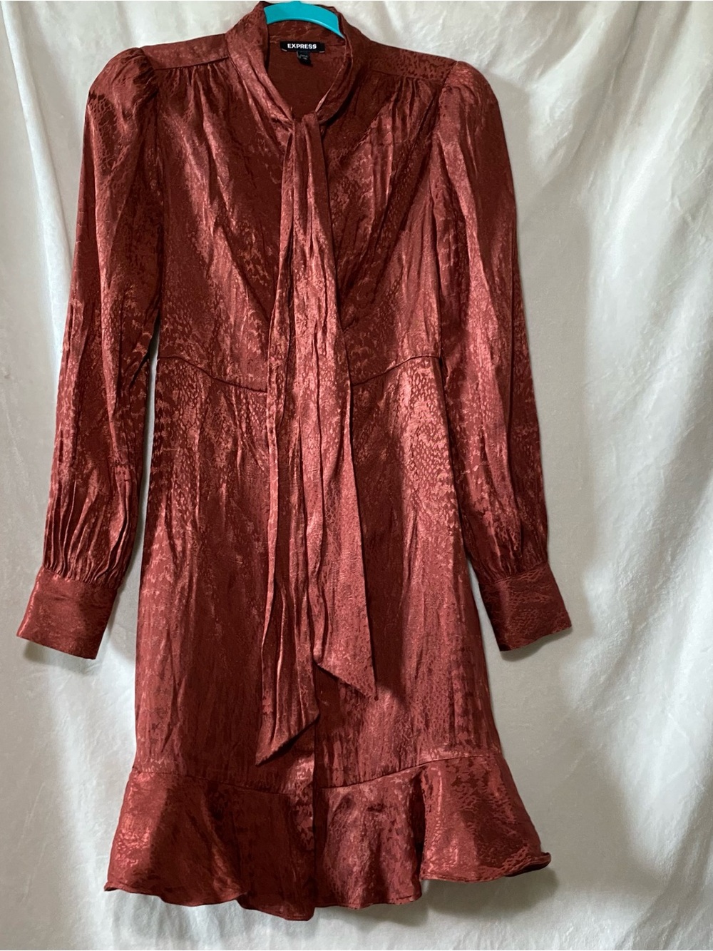 Express Women's Rust Satin Tie-Neck Long Sleeve Dress